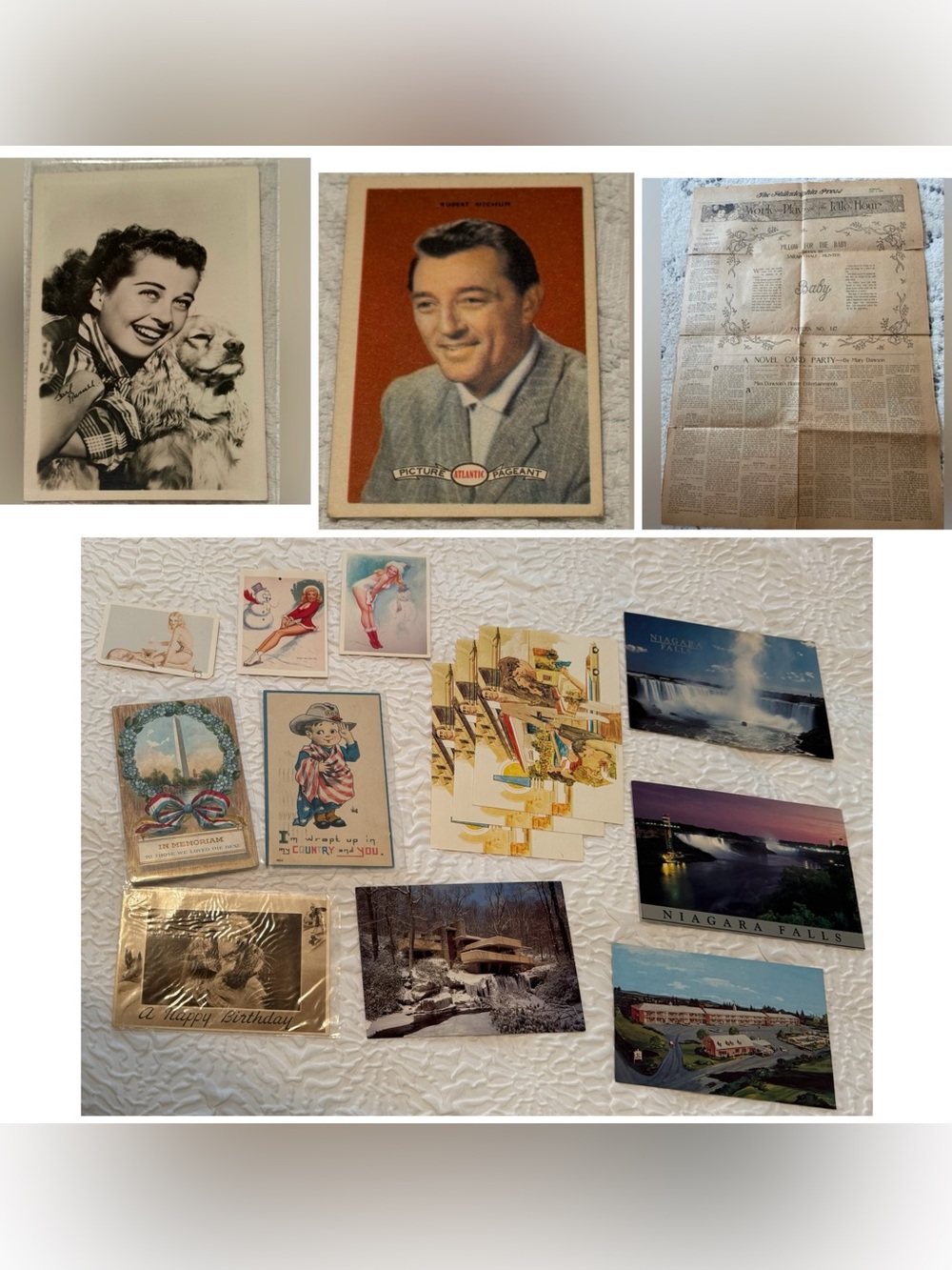 Lot of 17 vintage items - post cards, trade cards - some unused, some used.